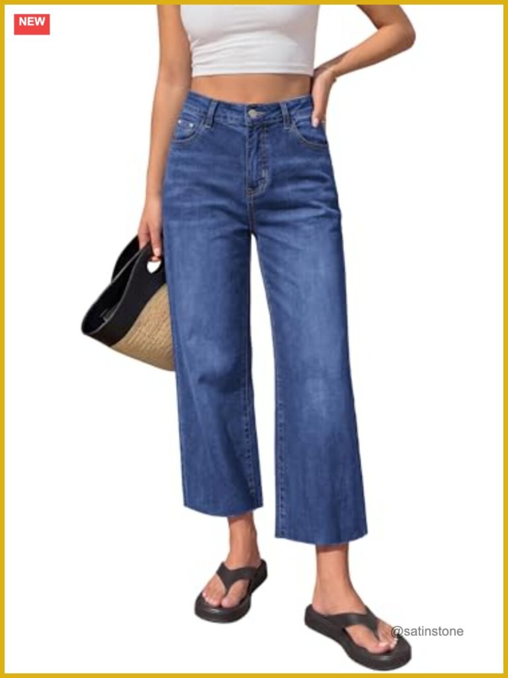 High Waisted Straight Leg Cropped Raw Hem Jeans Stretchy Denim Button Down
